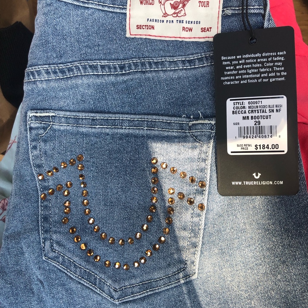 True Religion Mid Blue Bootcut Jeans with Amber Crystal Embellishment - Picture 9 of 11